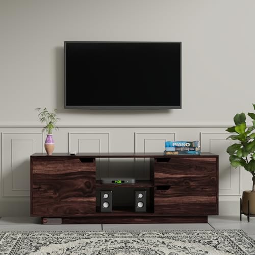 Image of DRIFTINGWOOD Solid Sheesham Wood Sideboard Medora Low Height TV Cabinet for Living Room | Wooden Free Standing TV Unit Side Board Table Door Cabinet Storage | Rosewood, Walnut Finish