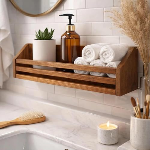 Image of Wooden Wall Shelves with Towel Holder, Wall-Mounted Bathroom Storage Rack, Wooden Shelves and Wooden Towel Stand Shelves for Bathroom Towel Stand Bathroom Shelves (Only Wooden Shelves)