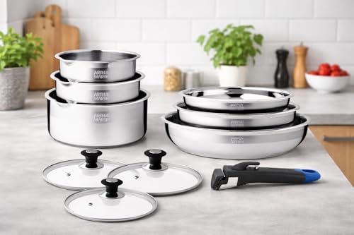 Arthur Martin - Batería de Cocina 8 Piezas Acero Inoxidable 18/10 - Apta Inducción - Sartenes...