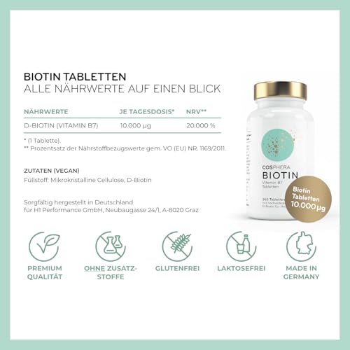 Foto von Biotin Tabletten - Hochdosiert mit 10.000 mcg D-Biotin pro Tablette - 365 vegane Tabletten im 1-Jahresvorrat - für schöne Haare und Haut - Vitamin B7 trägt zur Erhaltung normaler Haut und Haare bei