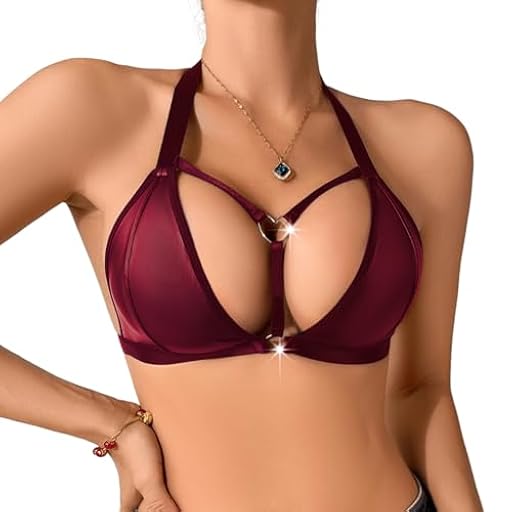 PARUPRUP Mujer Sexy Cuello Halter Triangular Sujetador Sin Aros Wetlook Bralette Hueco Metal Anillo Brillante Bustier (FR/ES, Letras, M, Regular, Regular, Rojo Vino) | Ya disponible en tu tienda friki favorita! En mundofriki.es!