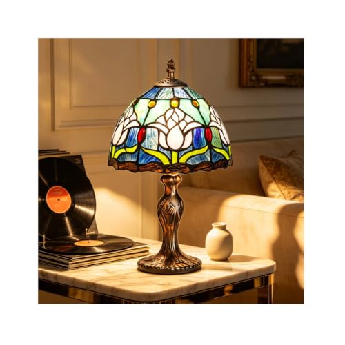 Image of Stained Table Lamp Stained Glass Table Light, Handmade Desk Bedside Table Night Lamp, Antique Art Craft Gifts Lover Kid Living Room Bedroom Study Bookcase Desk Ligh(Blue Tulip)