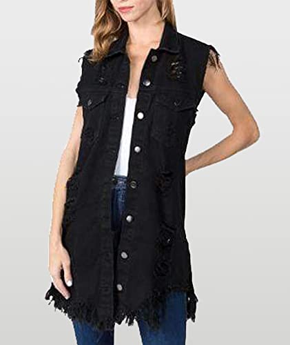 SOMTHRON Women's Distressed Ripped Sleeveless Mid Long Denim Jacket Button Up Jean Vest Cardigan Coats Waistcoat3