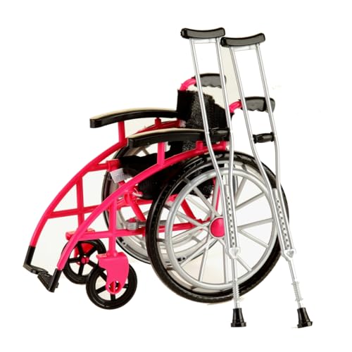 Dranvosk Dollhouse Miniature Wheelchair and Crutches Set for Dolls Miniature Furniture Accessories Mini Crutches Toy for Dollhouse Decor and Model Displays(Rosy)