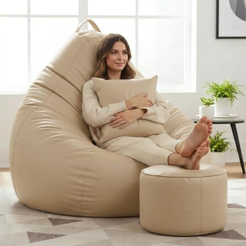 Image of KAM'S LIEU 6XL Jumbo Premium Bean Bag Chair with Footrest & Cushion | Filled with High Density EPS Beans | Comfortable Sofa for Living Room & Bedroom | 6 Months Warranty, Color- (Cream, 6XL, Premium)
