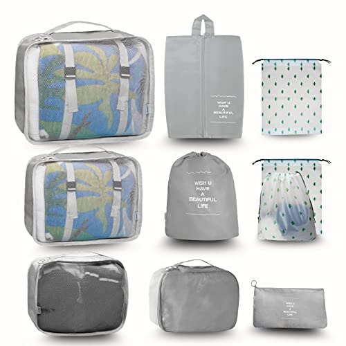 Cubos de embalaje para maleta, bolsas organizadoras de viaje, accesorios de viaje esenciales, almacenamiento de compresión para ropa, zapatos, cosméticos, artículos de tocador (paquete de 10, gris) Cover