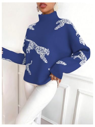 Image of WDIRARA Women's Leopard Tiger Print Sweater High Neck Long Sleeve Fuzzy Knitted Pullover Top