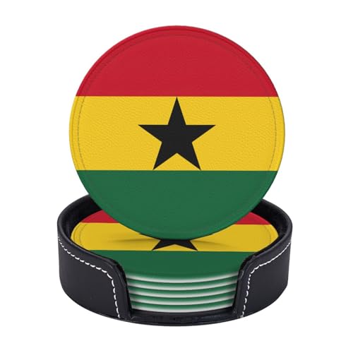 Lot de 6 sous-verres ronds en cuir synthétique avec support, motif drapeau du Ghana