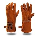 QeeLink Welding Gloves - Heat/Fire Resistant Lined Leather and Fireproof Stitching-Fireplace/BBQ/Gardening/Forge/Blacksmith glove for Men or Women (14-inch, Brown)