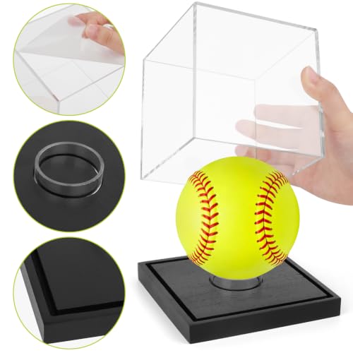 Image of Clear Acrylic Softball Display Case with Black Wood Base & Acrylic Holder, Memorabilia Stand Cube Holder, Dust Protection Transparent Storage Box for Single Ball Souvenir Softball Collections