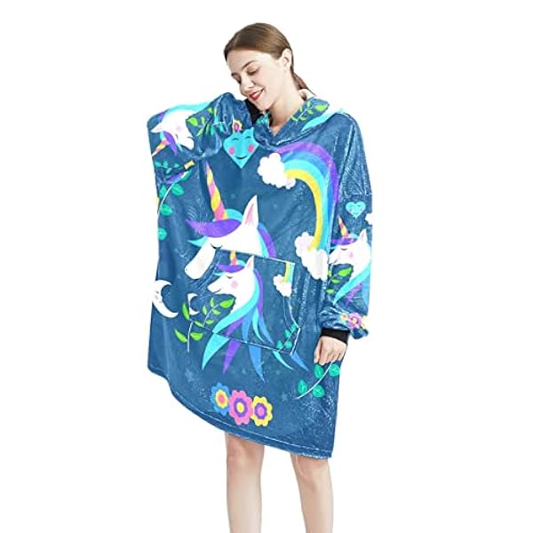 Eenhoorn buste omringd door bloemen maan sterren draagbare deken hoodie, oversized capuchon voor dames, comfortabel sweatshirt, Meerkleurig, One Size