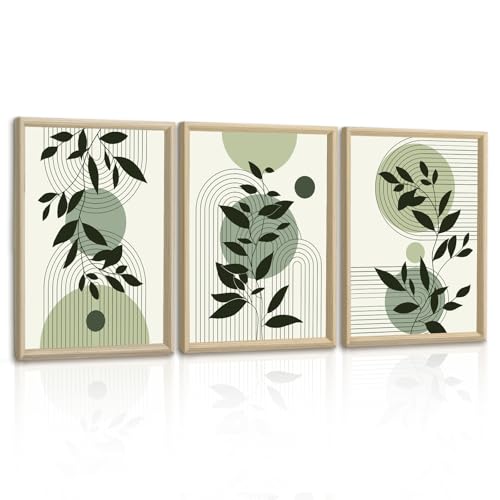 3Pcs Boho Verde Salvia Cuadros Decoracion Salon Con Marco Estética Hoja Pintar Lienzos Decorativos Moderno Redondo Geométrico Línea Cuadro y láminas Decorativa Dormitorio Comedor Oficina 30x40cmx3