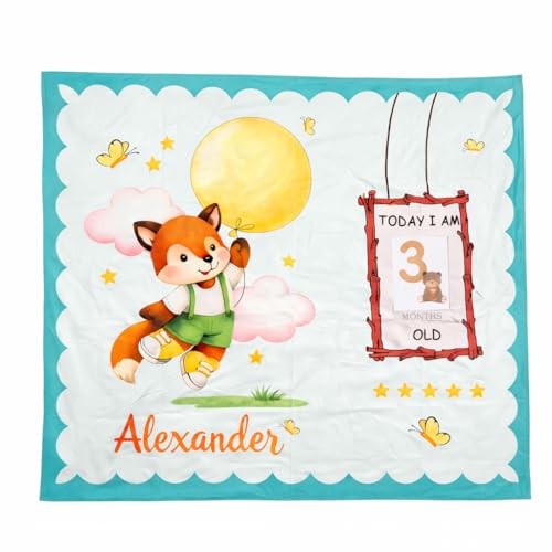 Image of Growth Keepsake Baby Blanket 51 * 43 Inch Fox Theme Custom Name Newborn Monthly Age Marker Blanket Cute Fox Print Background Soft Washable Infant Play Mat