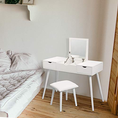 Laneetal Make-uptafel met spiegel, kaptafel met opklapbare spiegel, bureau 100x40x75cm, wit - Image 3