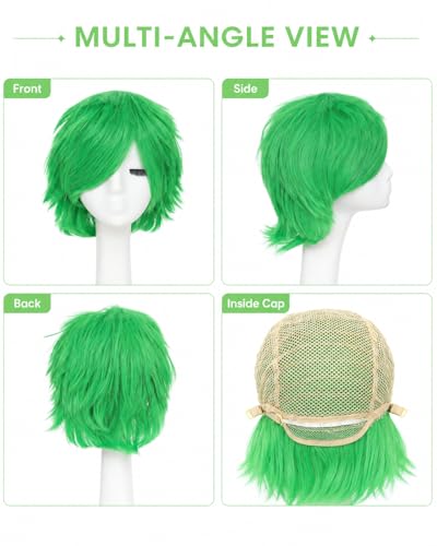 Image of Rose bud Anime Halloween Wig Green for Cosplay Party Synthetic Layered Short Hair Wigs with Bangs Pastel Funny Wigs for Women Men