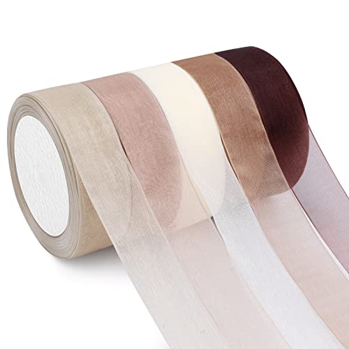 5 Rolls Sheer Chiffon Ribbon,Organza Ribbon Transparent Chiffon Ribbon for Making Bows, Bouquet, Gift Wrapping,Wedding,Mother Day Gifts (1 Inch, 25 Yard Each Roll, Ombre Colors,Earth Tone)