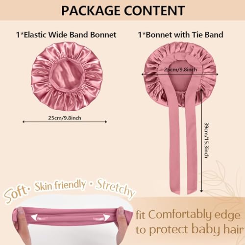 2Pcs Baby Silk Satin Bonnet for Kids Sleeping Cap - Elastic Wide Band Hair Bonnets,Ajustable Satin Bonnet with Tie2