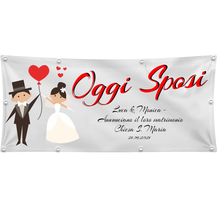 GLOBAL STRISCIONE FONDALE MATRIMONIO - OGGI SPOSI MOD 3 - STRISCIONE PERSONALIZZATO IN CARTA O IN BANNER PVC ANCHE DA ESTERNO GARANZIA 5 ANNI (BANNER, 200X150 CM)