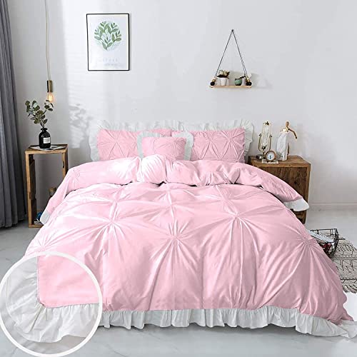 Image of 300 TC Pinch Ruffle 2 Tone Duvet /Razai /Blanket Cover with 2 Pillow Cover- 100% Cotton (Zipper Closure) Razai Cover 3 PC Set, Soft & Lightweight-Double Size White /Pink