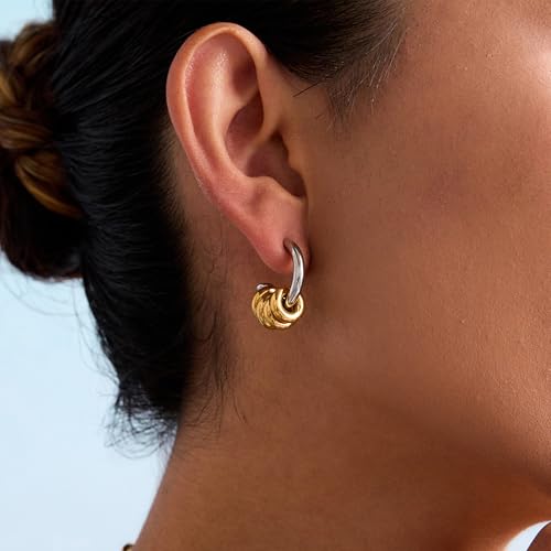 18K Gold Plated Hoop Earrings Stainless Steel Hypoallergenic Earrings Gold and Silver Two Tone Cuff Earring Hanging Round Pendant Statement Earrings for Women4