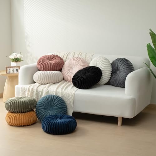 Image of HIG Decorative Round Throw Pillows for Bed Couch -Set of 2 Handcraft Ruched Pumpkin Pillow, Soft and Durable Flannel Floor Pillow for Home Decor, Bed Living Room and Sofa (Beige,14.5 inchx14.5 inch)