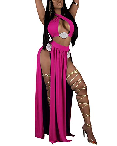 BIUBIU Two Piece Outfits for Women,Summer Halter Swimsuit with Split Cover Up Maxi Skirt for Beach Party Rose red XL