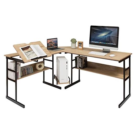 Tangkula 67 inches L-Shaped Desk, Corner Computer Desk with Bottom Bookshelves & CPU Stand, Drafting Drawing Table with Tiltable Desktop, Corner Computer Workstation Home Office Desk