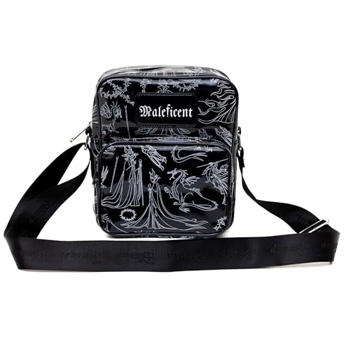Disney Vegan Leather Crossbody Backpack with Adjustable Strap, Sleeping Beauty Villain Maleficent Poses Holographic Black/White4
