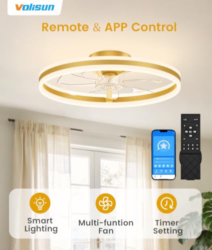 Image of VOLISUN Low Profile Ceiling Fans with Lights and Remote, 24in Flush Mount Ceiling Fans with Light, 3000K-6500K Dimmable Fandelier LED Fan Light, Gold Bladeless Ceiling Fans with Lights for Bedroom