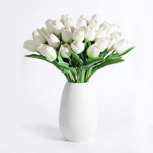 Image of 20Pcs Stems 13.5 Inch Light Green PU Artificial Moisturizing Tulips, Faux Tulips Flowers for Thanksgiving Christmas Decorations Wedding Home Table Vase Floral Arrangements