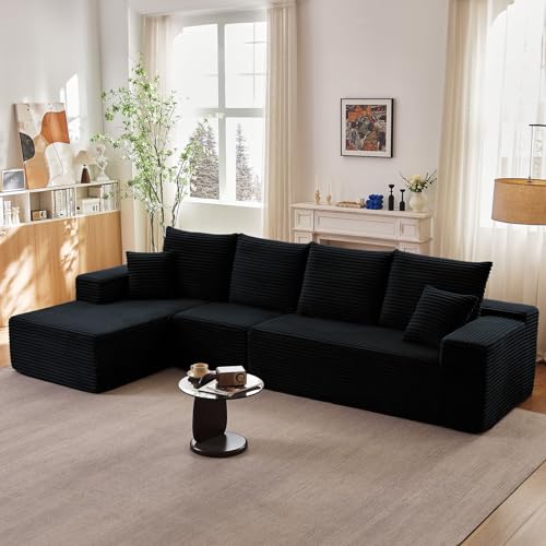 Image of 135 inch Modular Sectional Couches for Living Room, Comfy Boneless L Shaped Cloud Couch with Chaise Lounge, Modern Cozy Corduroy Deep Seat Floor Sofa, Memory Foam, No Assembly Required, Black
