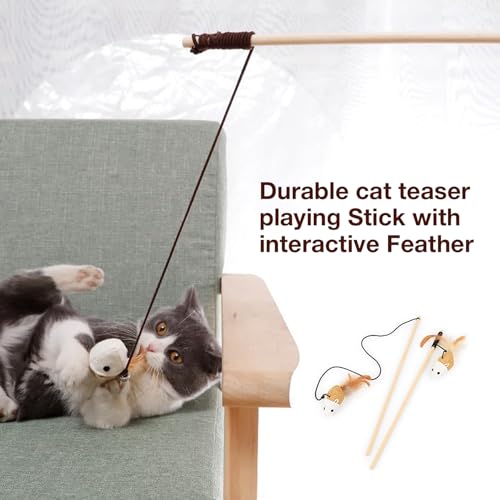 Image of Cat and Dog Playing Stick |Durable Dog and cat Teaser Playing Stick with Interactive Feather| Non- Slip and Non Toxic Durable Teasing Wand Toy with Rope (Multi)