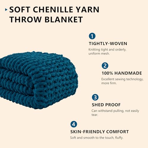 L'AGRATY Chunky Knit Throw: 60''x80'' Chenille Chunky Knitted Blanket for Bed, Couch - Handmade, Thick, Big Cable Knit Blanket - Blue