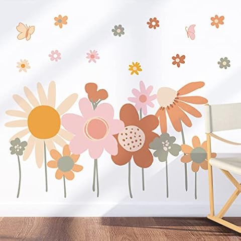 Supzone Colorful Flower Wall Stickers Boho Retro Flowers Wall Decals Large Vintage Floral Wall Art Sticker for Bedroom Living Room TV Wall Office Wall Decor Home Decoration Cover