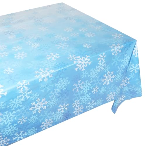 Image of BLUE PANDA 3 Pack Blue Snowflake Plastic Tablecloths for Christmas Party Supplies, 108 x 54 inch Rectangular Xmas Winter Holiday Snowy Table Covers, Fun Festive Christmas Party Decorations