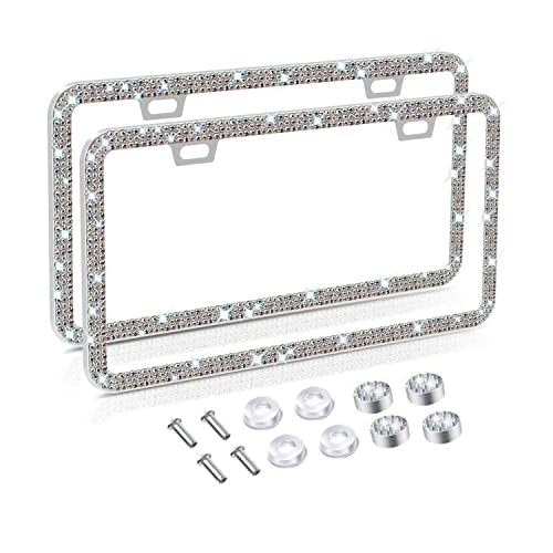 XSLXTL Bling Car License Plate Frames, Sparkly Rhinestone 2 Pack- Front and Back Stainless Steel Car Plate Bracket Holders, with Crystal Diamond Cap Screw Set