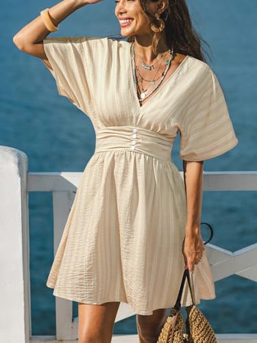 Image of CUPSHE Women Summer Dress Striped V Neck Smocked Waist Front Buttons Sun Dress Casual Vacation Beach Short Mini Dress