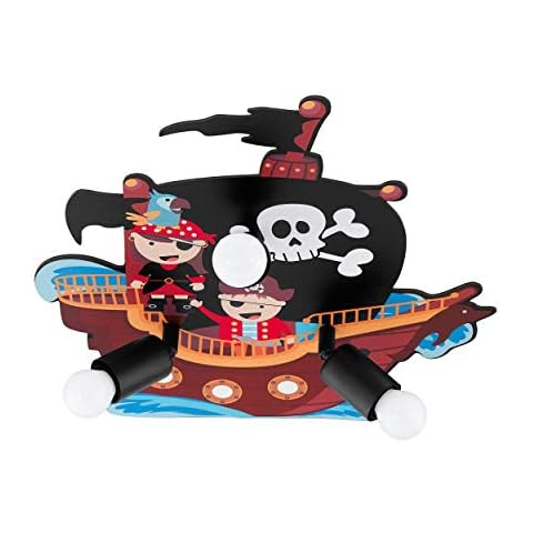 EGLO Deckenlampe San Carlo, 3 flammige Kinderzimmer Piraten-Lampe, Deckenleuchte Kinder aus Holz in Bunt und Metall in Schwarz Cover