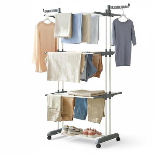 Image of Foldable Cloth Drying Stand 3-Tier with 1 Year Warranty | Steel Clothes Dryer Rack with Wheels | Rust-Resistant | Dual Braked Casters | Indoor Balcony Bedroom Use | Cloth Dryer Stand for Home