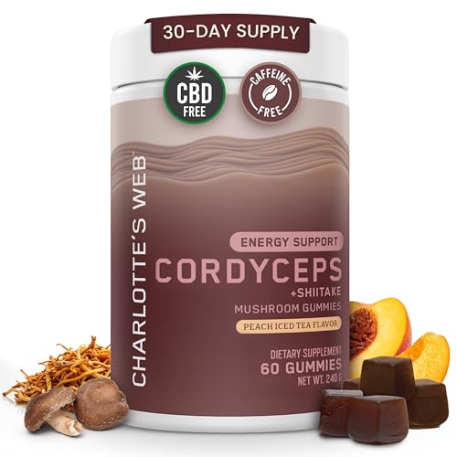 Charlotte's Web Energy Support Mushroom Gummies w/Cordyceps & Shiitake Mushrooms, Caffeine-Free Energy Supplements — Cordyceps Mushroom Gummies, Peach Iced Tea Flavor (30 Servings)