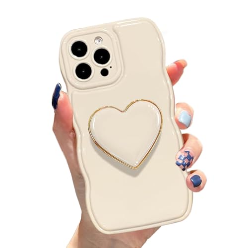 Sutpstmt Cute Case for iPhone 14 Pro 6.1'', Beige Soft TPU Shape Shockproof Protective Cover with Stand, Luxury Bumper Wave Frame Curly Shape Love Heart Holder Kickstand Phone Case for Girls Women by Sutpstmt - Used condition - US$6.68