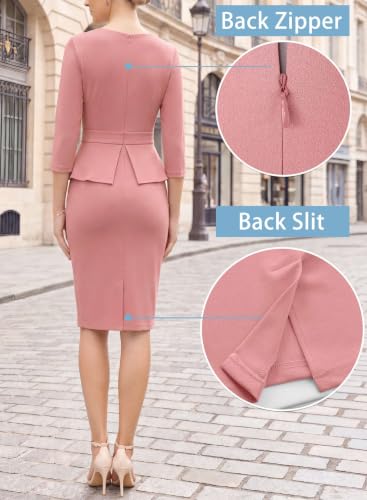 Image of VFSHOW Womens Work Business Office Front Zipper Peplum Church Sheath Dress | 3 /4 Sleeves, Elegant, Spring Fall, Church, Funeral, Slimming Fitted Bodycon Dress
