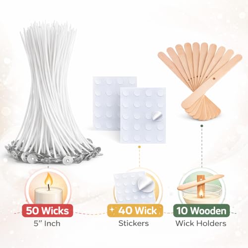 Image of Asian Hobby Crafts Candle Making Set with 50 Wicks 5 inch Inch, 40 Wick Stickers & 10 Wooden Wick Holders - DIY Candle Making Kit for Beginners, Candle Making Materials, Craft Kit for Homemade Candles