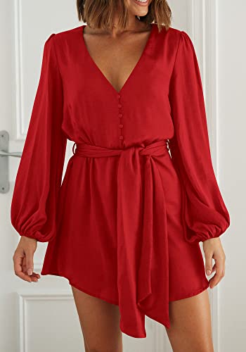Prettygarden Women's Spring Long Puff Sleeve Satin Dress V Neck Cocktail Party Belted Short Formal Dresses (Red,Large) #TOP1