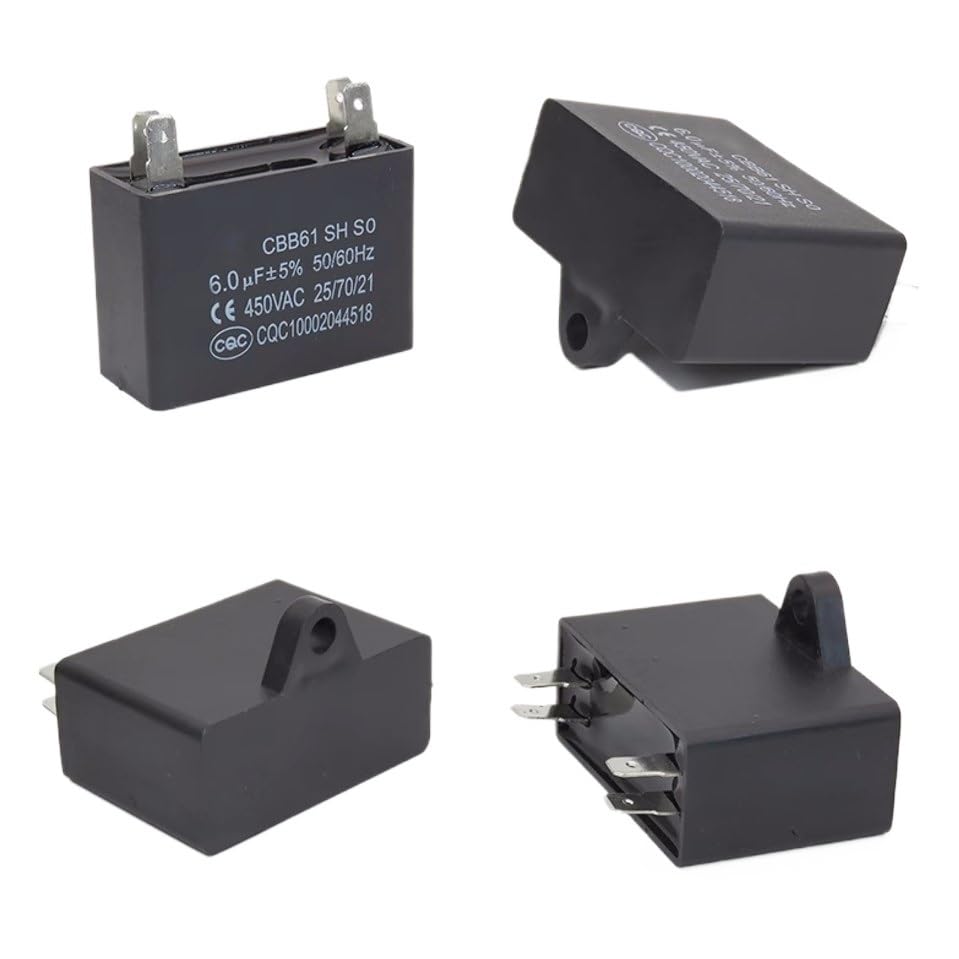 4 condensadores de Arranque for Ventiladores de Techo CBB61 de 6 uf, 450 V, 50/60 Hz, 47 x 20 x 33 mm, 4 Pines estañados antioxidantes, 4 Pines.