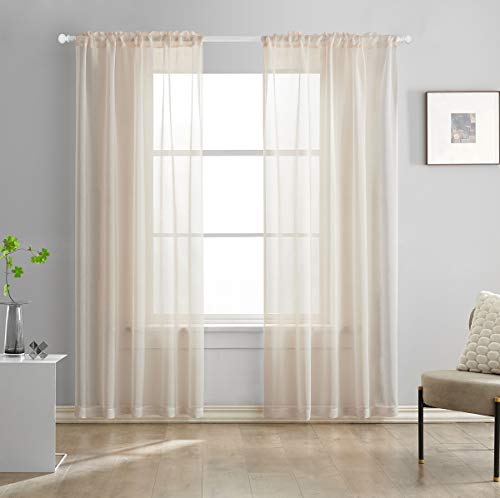 Image of TOAVA DECO Beige Semi Sheer Curtains 84 Inches Long Faux Linen Beige Sheers Curtain for Bedroom Living Room Girls Kids Room 2 Panels 52x84