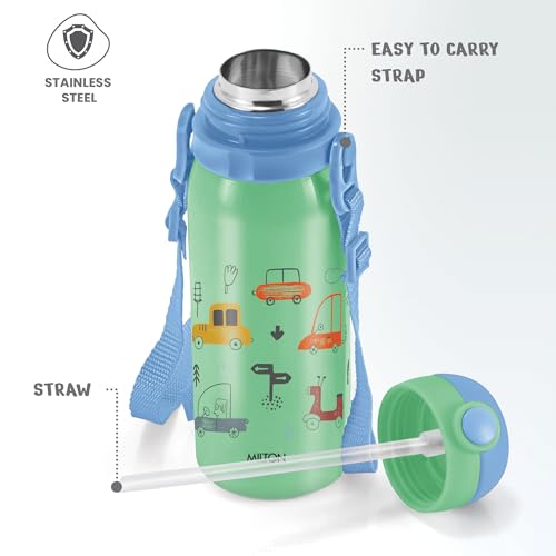 Image of MILTON Torque 650 ISI Certified Stainless Steel Water Bottle, Leak Proof, Rust Proof, Single Walled,1 Yr Warranty, Ideal Sipper Water Bottle for School Kids Bottle, 625 ml, Aqua Green (Cars)
