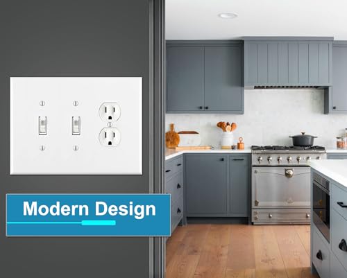 OVERSIZED 3 Gang Combo Metal Wall Plate - (1) Outlet - Duplex with (2) Toggles Jumbo Combination Light Switch Plate Cover, Stainless Steel Painted White, UL Listed, 5.5" x 7.5" - Made in USA by Art Plates - Used condition - Image 4
