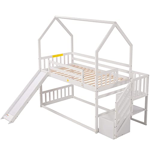 Biadnbz Twin Over Twin Bunk Bed With Convertible Slide,House Bedframe With Storage Staircase Can Be Placed Both Side,White #TOP3