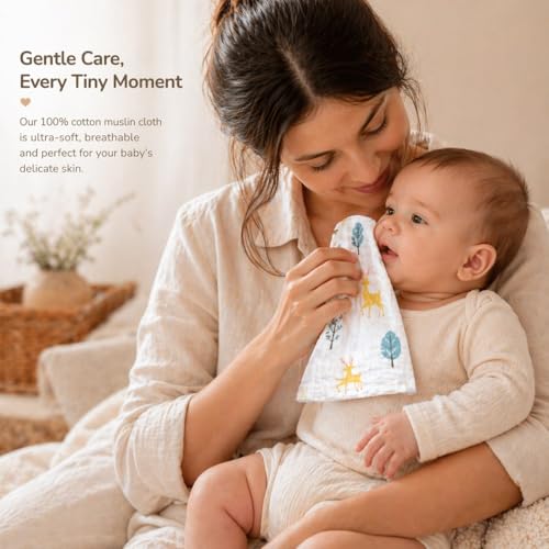 Image of Muslin Cloth for New Born Baby - 6 Layer Cotton Face Towels (Pack of 5) | Extra Soft Baby Napkins & Burp Cloths for Infant, Toddler | Reusable Handkerchiefs for Kids, White Printed(Pack of 5)